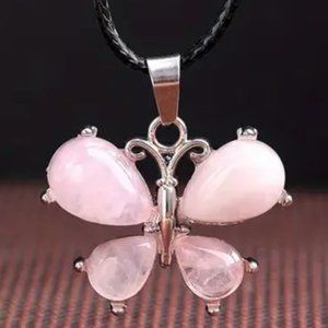 Rose Quartz Natural Stone Cute Butterfly Pendant Necklace Gemstone Pendant